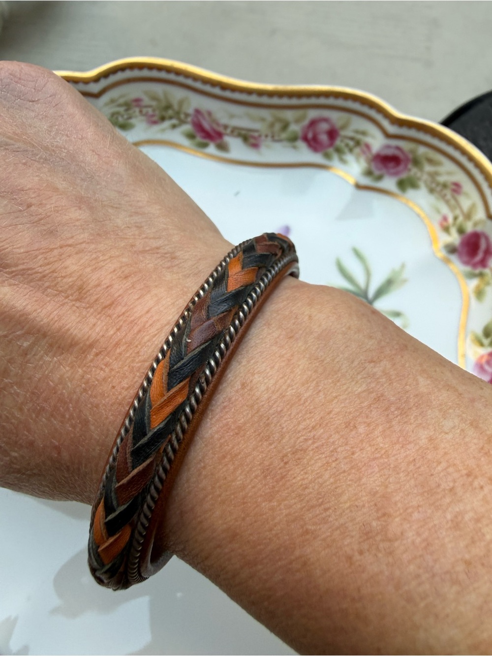 Charlie Favour Braided Leather Sterling Cuff Bracelet Signed CF